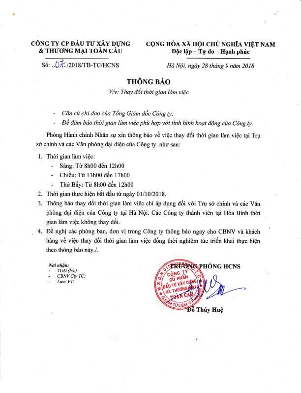 thông báo thay đổi giờ làm việc